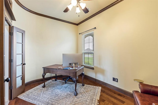 10921 SW 20th St, Yukon, OK 73099 - office space with ornamental molding, a ceiling fan, baseboards, and wood finished floors