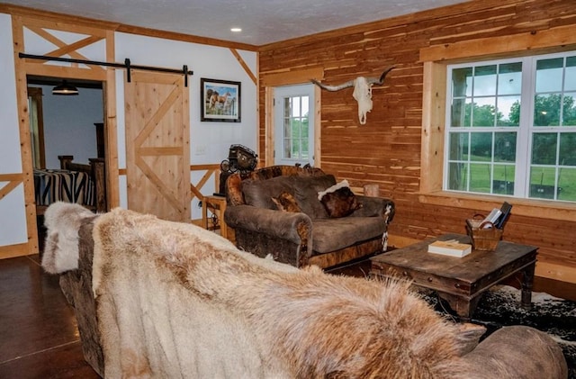 16301 Lewis Rd, Lexington, OK 73051 - living area with a barn door and wooden walls
