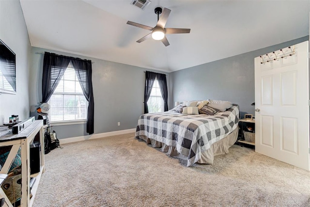 2333 Berry Ln, Midwest City, OK 73130 - bedroom with carpet floors, baseboards, lofted ceiling, and a ceiling fan