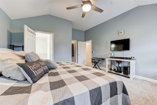 2333 Berry Ln, Midwest City, OK 73130 - carpeted bedroom featuring vaulted ceiling, baseboards, and ceiling fan