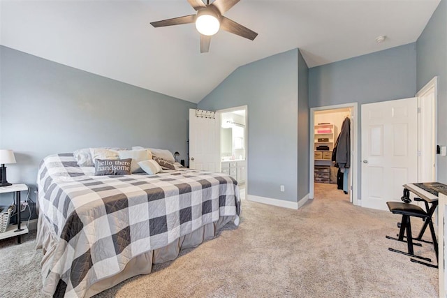 2333 Berry Ln, Midwest City, OK 73130 - bedroom with carpet, a spacious closet, baseboards, lofted ceiling, and ceiling fan