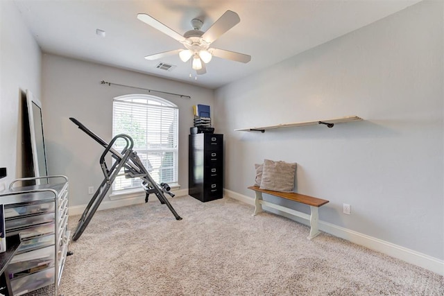 2333 Berry Ln, Midwest City, OK 73130 - exercise room with ceiling fan, baseboards, and carpet flooring