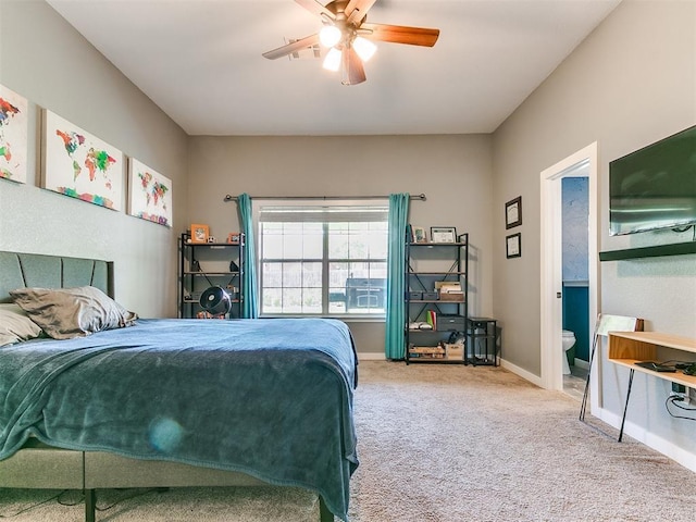 4409 Newport Dr, Norman, OK 73072 - bedroom featuring carpet, baseboards, a ceiling fan, and ensuite bathroom