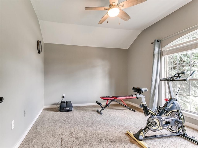 4409 Newport Dr, Norman, OK 73072 - exercise room featuring a ceiling fan, carpet floors, baseboards, plenty of natural light, and vaulted ceiling