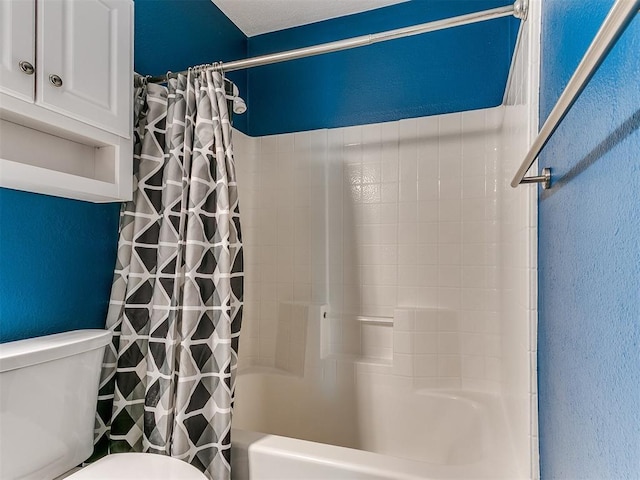 4409 Newport Dr, Norman, OK 73072 - bathroom with toilet, shower / bathtub combination with curtain, and a textured wall