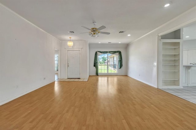 15134 Scottsdale Ln, Choctaw, OK 73020 - unfurnished living room with crown molding, light wood-style floors, ceiling fan, recessed lighting, and baseboards