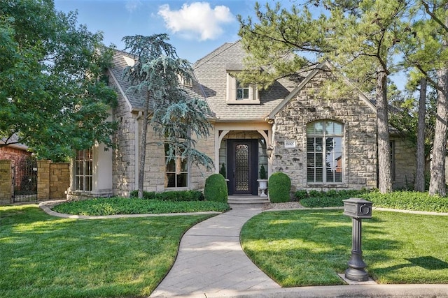 15005 Dourdan Ct, Oklahoma City, OK 73142 - view of front of home featuring stone siding, a front lawn, and a shingled roof