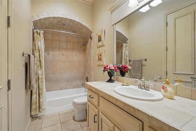 15005 Dourdan Ct, Oklahoma City, OK 73142 - bathroom with toilet, vanity, shower / bath combo with shower curtain, and tile patterned floors