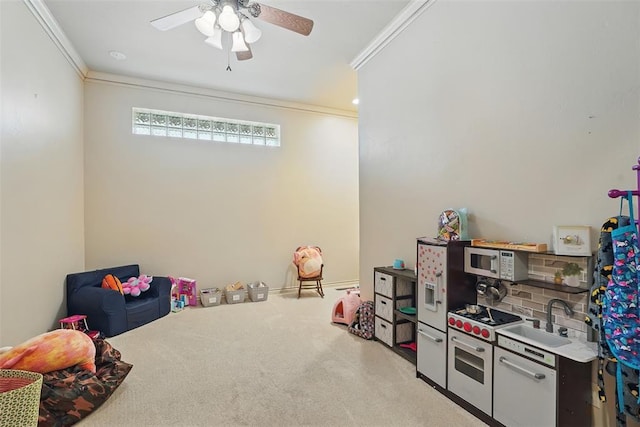 15005 Dourdan Ct, Oklahoma City, OK 73142 - game room with ornamental molding, ceiling fan, a sink, and carpet flooring