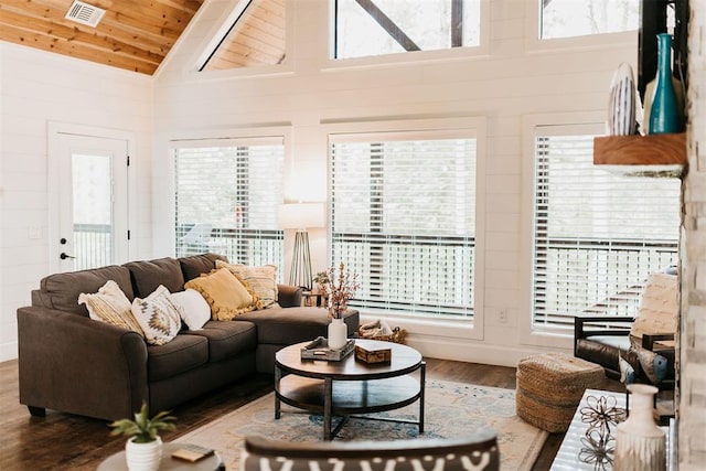192 Grape Trl, Broken Bow, OK 74728 - living area featuring wood finished floors, wooden ceiling, healthy amount of natural light, and high vaulted ceiling