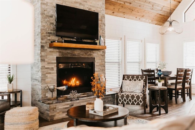 192 Grape Trl, Broken Bow, OK 74728 - living area featuring wood finished floors, vaulted ceiling, and wood ceiling