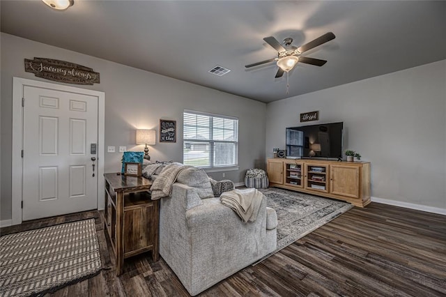 14201 Athens Ln, Yukon, OK 73099 - living room with dark wood finished floors, a ceiling fan, and baseboards
