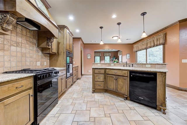 1918 Winding Ridge Rd, Edmond, OK 73034 - kitchen featuring black appliances, stone tile flooring, crown molding, arched walkways, and backsplash