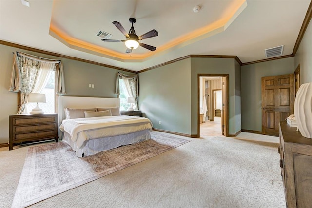 1918 Winding Ridge Rd, Edmond, OK 73034 - bedroom featuring a raised ceiling, carpet, crown molding, and ceiling fan