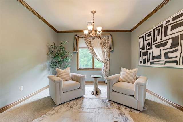 1918 Winding Ridge Rd, Edmond, OK 73034 - sitting room with a chandelier, carpet flooring, and ornamental molding