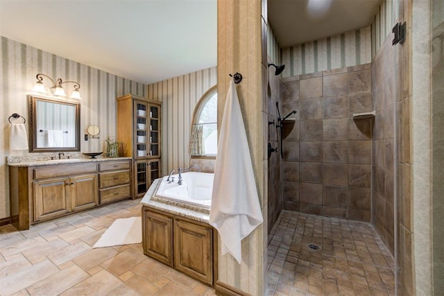 1918 Winding Ridge Rd, Edmond, OK 73034 - bathroom featuring wallpapered walls, a bath, a tile shower, and vanity