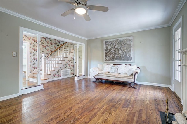 2721 NW 45th St, Oklahoma City, OK 73112 - living area with stairway, wood finished floors, crown molding, and ceiling fan