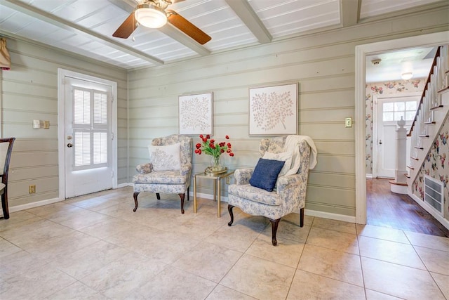 2721 NW 45th St, Oklahoma City, OK 73112 - living area featuring stairs, a ceiling fan, light tile patterned floors, and beam ceiling