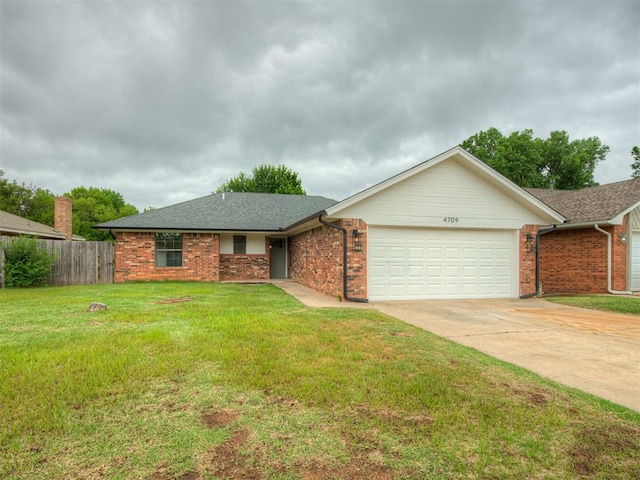 4709 Wilcox Ln, Yukon, OK 73099 - ranch-style house with an attached garage, concrete driveway, brick siding, and roof with shingles