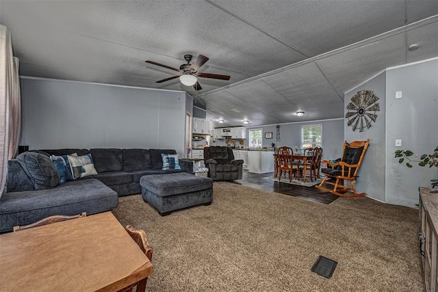13903 Pleasant Ridge Rd, Jones, OK 73049 - living room featuring a ceiling fan, carpet floors, lofted ceiling, and a textured ceiling