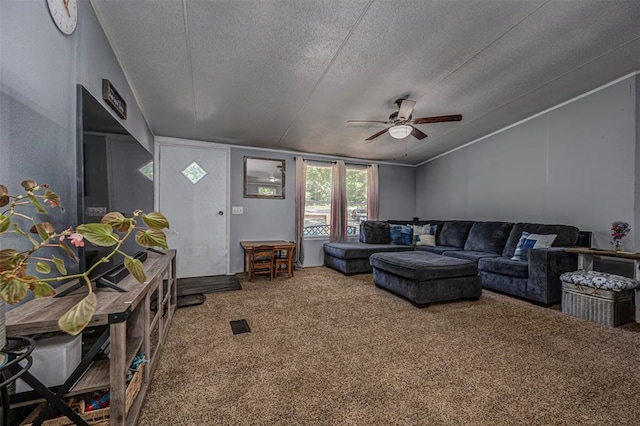 13903 Pleasant Ridge Rd, Jones, OK 73049 - living area with a textured ceiling, carpet, ceiling fan, and lofted ceiling