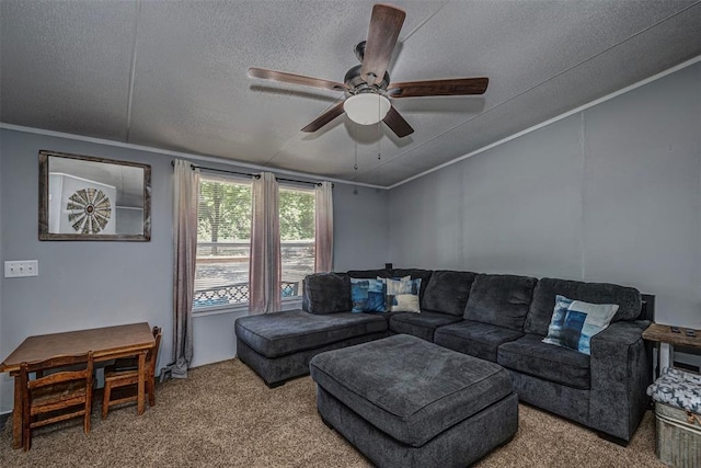 13903 Pleasant Ridge Rd, Jones, OK 73049 - carpeted living room with a textured ceiling, ceiling fan, and ornamental molding