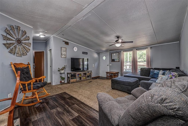 13903 Pleasant Ridge Rd, Jones, OK 73049 - living area featuring ceiling fan, lofted ceiling, a textured ceiling, carpet floors, and baseboards