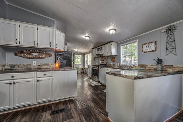 13903 Pleasant Ridge Rd, Jones, OK 73049 - kitchen with stainless steel range with gas stovetop, vaulted ceiling, healthy amount of natural light, a peninsula, and white cabinets