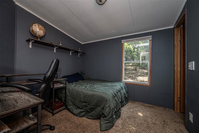 13903 Pleasant Ridge Rd, Jones, OK 73049 - bedroom featuring carpet floors, ornamental molding, a textured ceiling, vaulted ceiling, and a desk