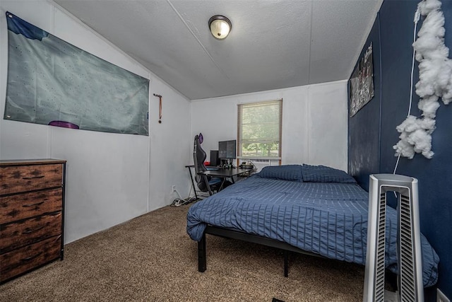 13903 Pleasant Ridge Rd, Jones, OK 73049 - carpeted bedroom featuring heating unit, vaulted ceiling, and a textured ceiling
