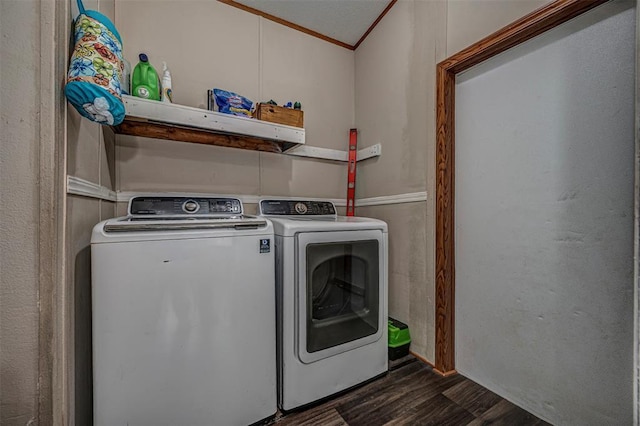 13903 Pleasant Ridge Rd, Jones, OK 73049 - laundry area with washing machine and dryer, dark wood-style floors, and crown molding