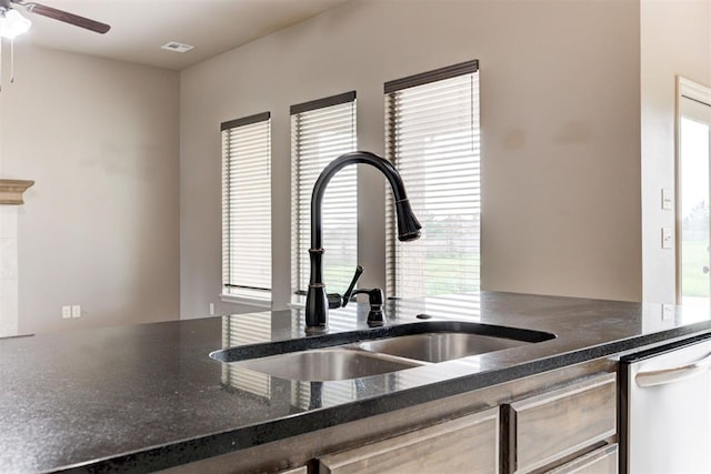 7720 Hawk Ln, Guthrie, OK 73044 - kitchen with a sink, stainless steel dishwasher, a ceiling fan, and plenty of natural light