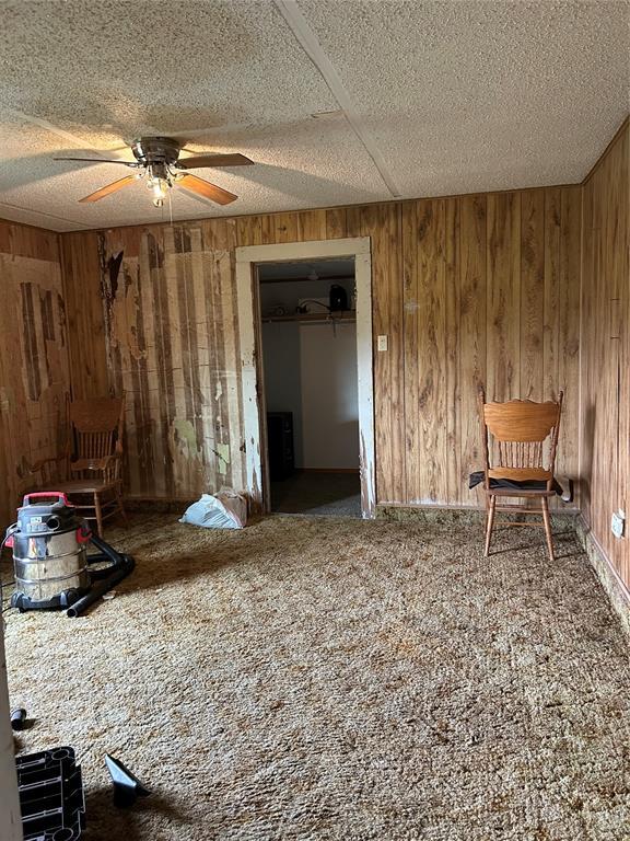 1714 N New York Ave, Mangum, OK 73554 - spare room featuring wood walls, ceiling fan, and carpet floors