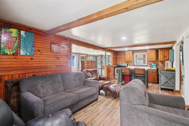 21306 E 10th St, Hinton, OK 73047 - living area with light wood-style floors, plenty of natural light, beamed ceiling, and recessed lighting