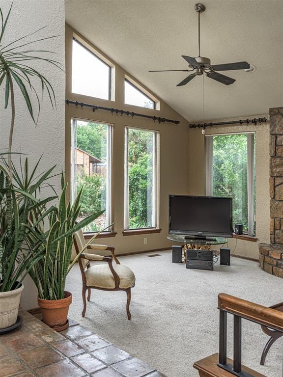 13501 Fox Hollow Rdg, Oklahoma City, OK 73131 - carpeted living room featuring a textured ceiling, ceiling fan, and vaulted ceiling