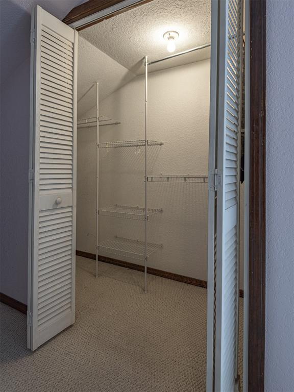 13501 Fox Hollow Rdg, Oklahoma City, OK 73131 - walk in closet featuring carpet floors and vaulted ceiling