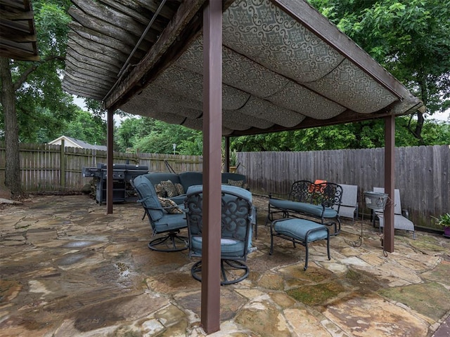13501 Fox Hollow Rdg, Oklahoma City, OK 73131 - fenced backyard featuring outdoor dining area, a grill, and a patio area
