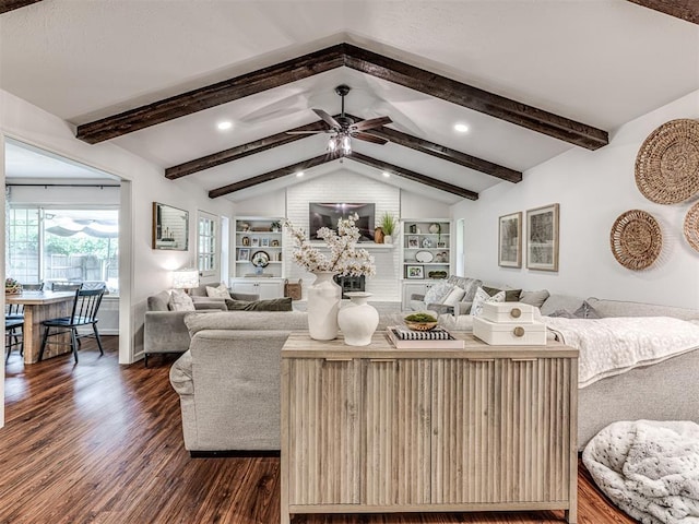 2009 Bella Vista Dr, Edmond, OK 73013 - living room featuring dark wood-type flooring, ceiling fan, recessed lighting, and built in shelves