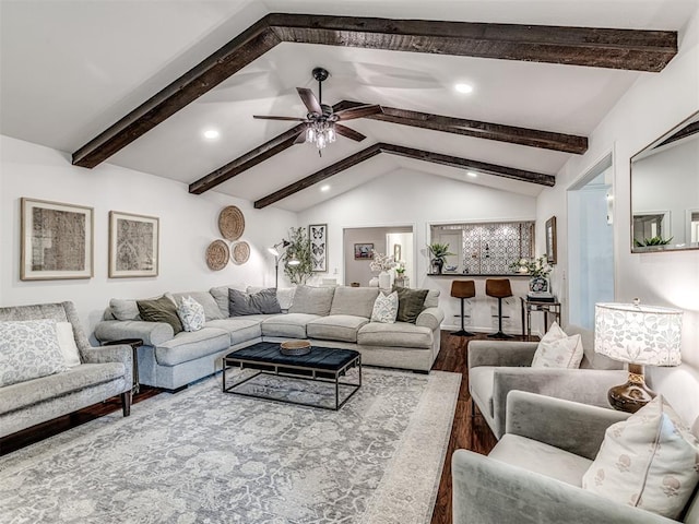 2009 Bella Vista Dr, Edmond, OK 73013 - living area featuring dark wood finished floors, ceiling fan, and recessed lighting