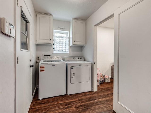 2009 Bella Vista Dr, Edmond, OK 73013 - washroom with cabinet space, washing machine and clothes dryer, and dark wood-type flooring