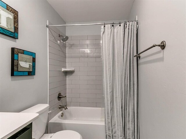 16125 Buffalo Dr, Moore, OK 73170 - bathroom with toilet, shower / bathtub combination with curtain, and vanity