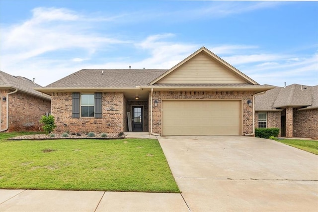 7224 NW 146th St, Oklahoma City, OK 73142 - ranch-style house featuring brick siding, an attached garage, driveway, and a front yard