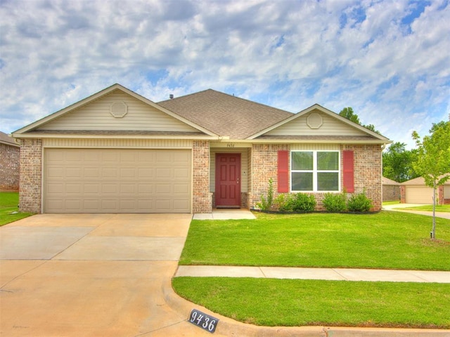 9436 SW 37th St, Oklahoma City, OK 73179 - ranch-style house featuring concrete driveway, a front lawn, brick siding, and an attached garage
