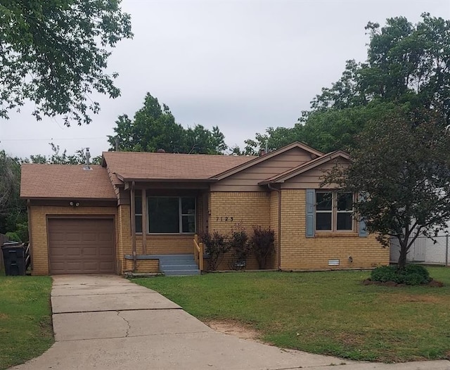 7123 NW 44th St, Bethany, OK 73008 - ranch-style home with brick siding, an attached garage, concrete driveway, and a front yard