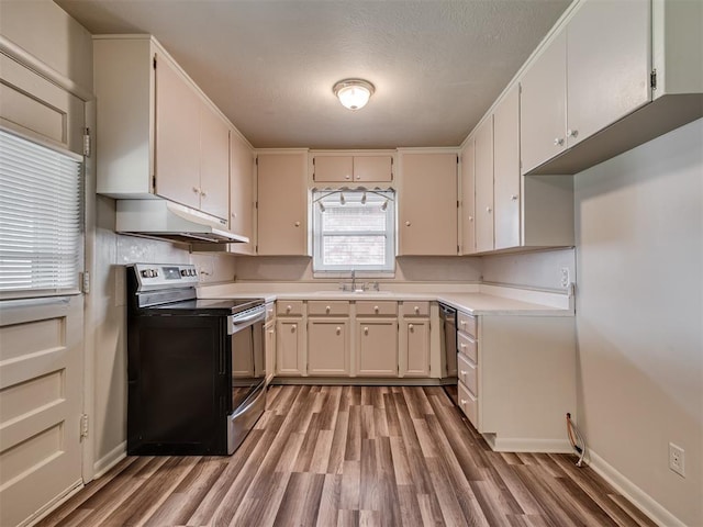 4809 N Pate Ave, Oklahoma City, OK 73112 - kitchen with appliances with stainless steel finishes, under cabinet range hood, a sink, light wood finished floors, and light countertops