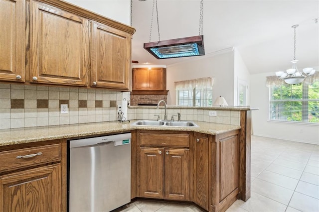 2632 SE 97th St, Moore, OK 73160 - kitchen featuring dishwasher, a sink, a peninsula, brown cabinetry, and lofted ceiling