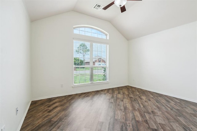 2632 SE 97th St, Moore, OK 73160 - empty room featuring a ceiling fan, lofted ceiling, wood finished floors, and baseboards