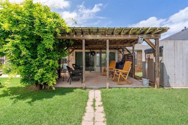 2632 SE 97th St, Moore, OK 73160 - rear view of property featuring a pergola, a yard, a patio area, and brick siding