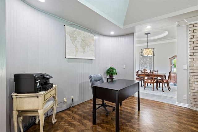 1704 Faircloud Dr, Edmond, OK 73034 - office area with recessed lighting, ornamental molding, and lofted ceiling