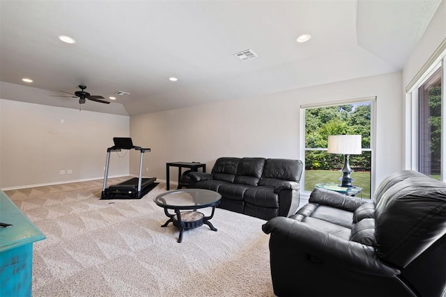 1704 Faircloud Dr, Edmond, OK 73034 - living room with carpet, recessed lighting, a ceiling fan, baseboards, and lofted ceiling